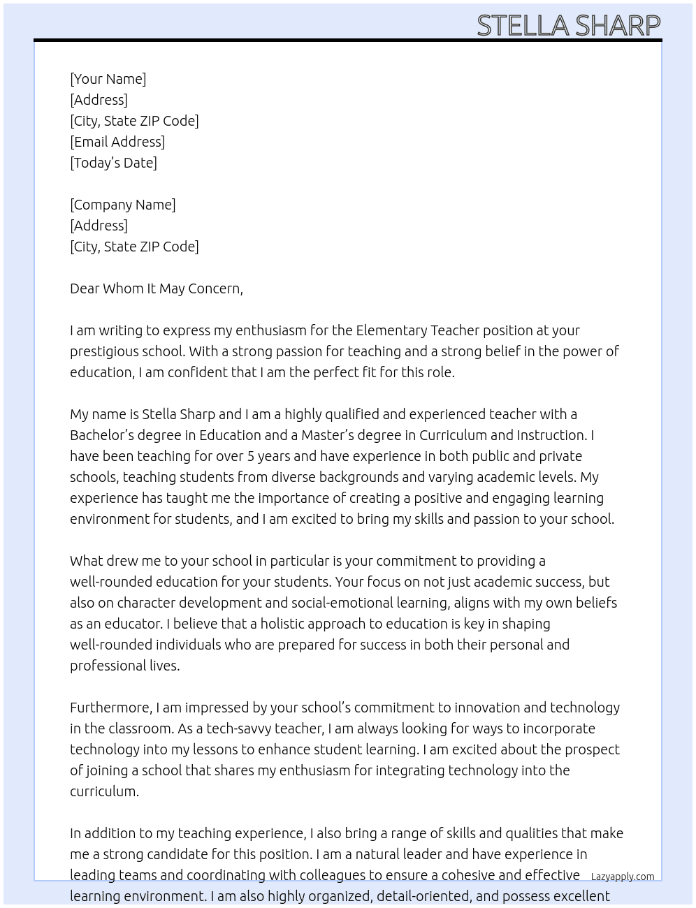teacher At Elementary Teacher Cover Letter