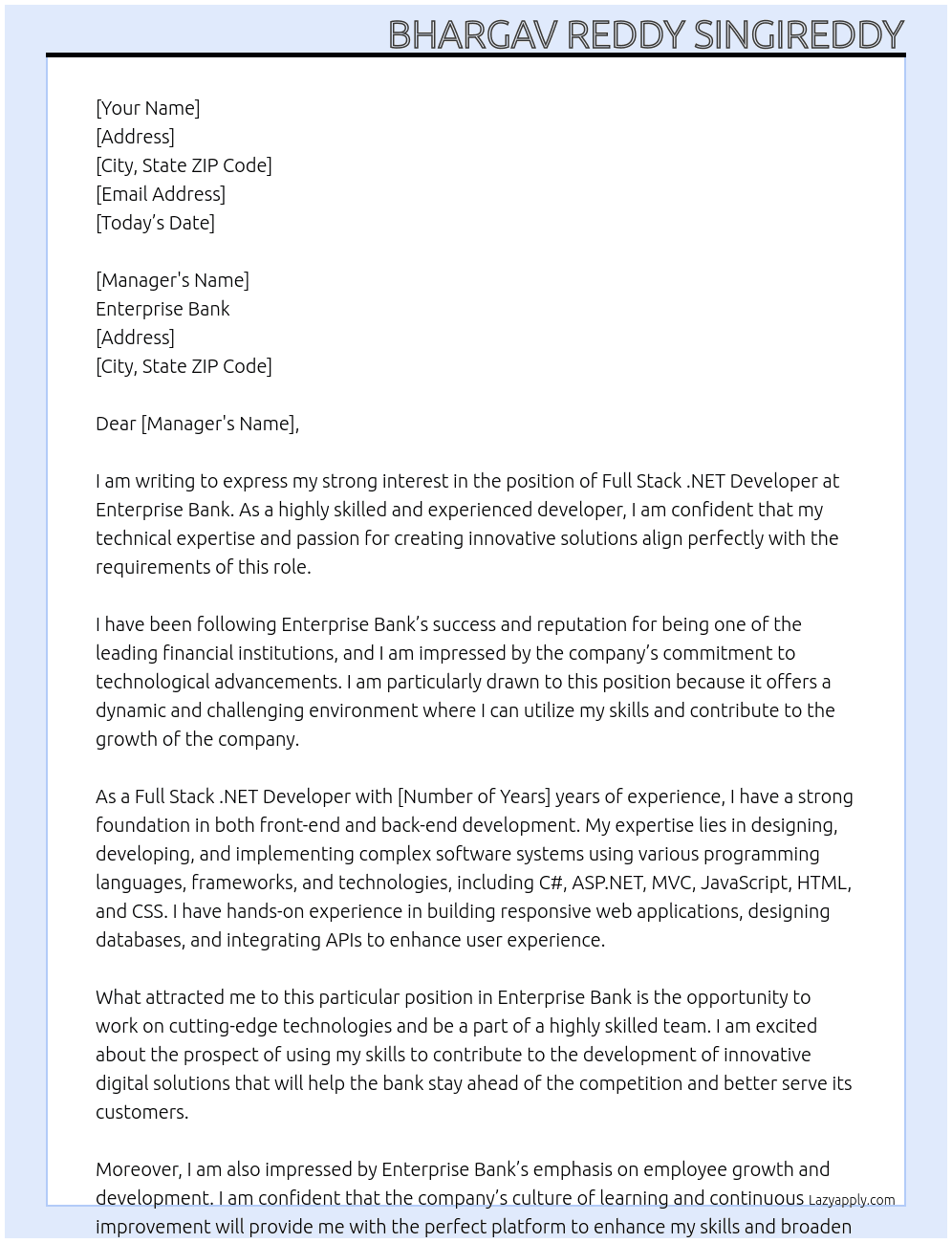 FULL STACK .NET DEVELOPER At Enterprise Bank Cover Letter