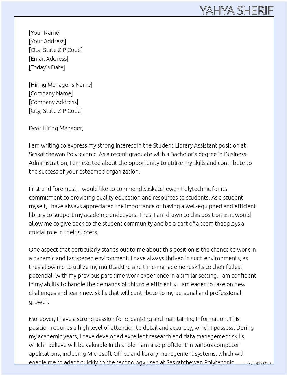 Student Library Assistant At Saskatchewan Polytechnic Cover Letter
