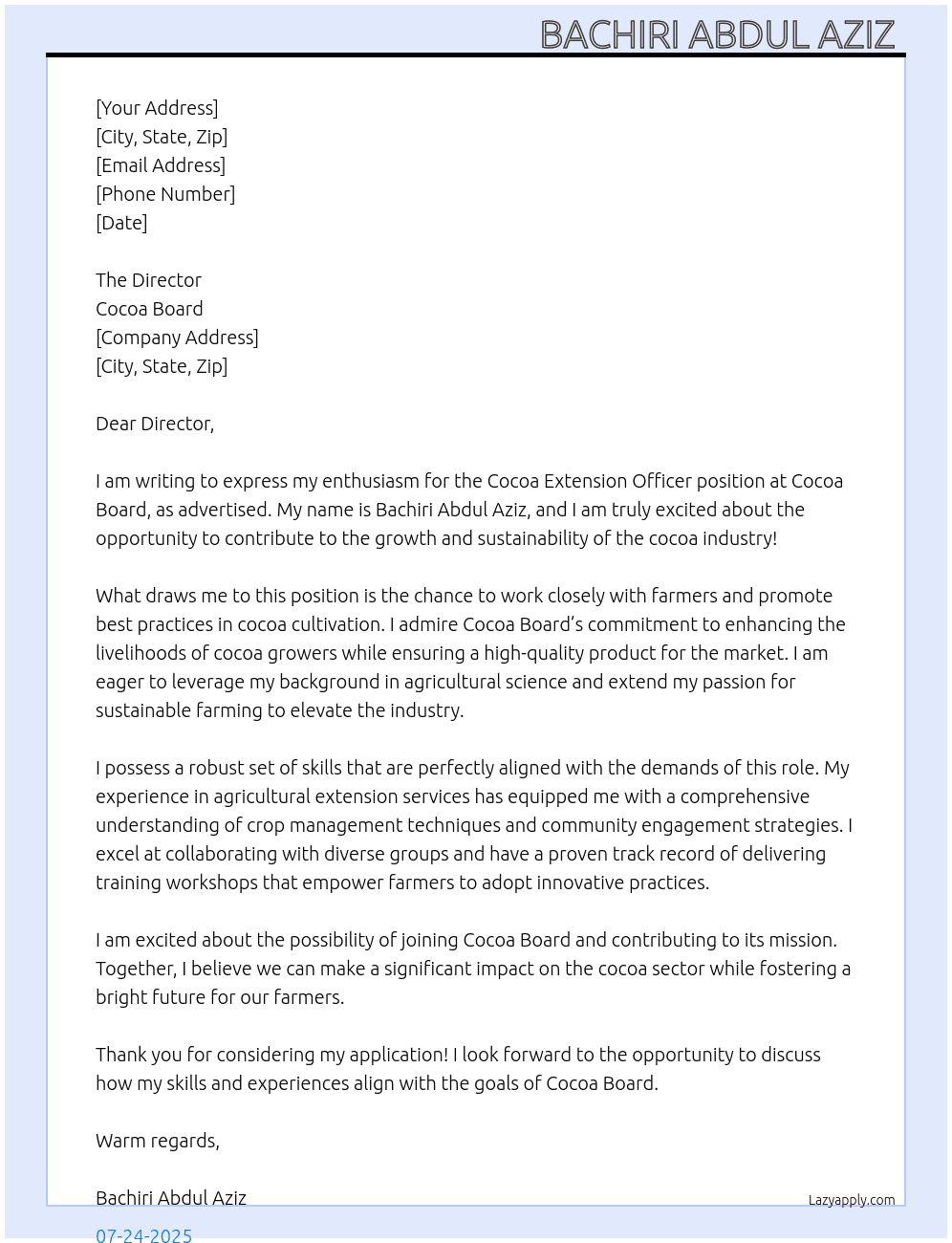 Cocoa extension officer  At Cocoa board Cover Letter
