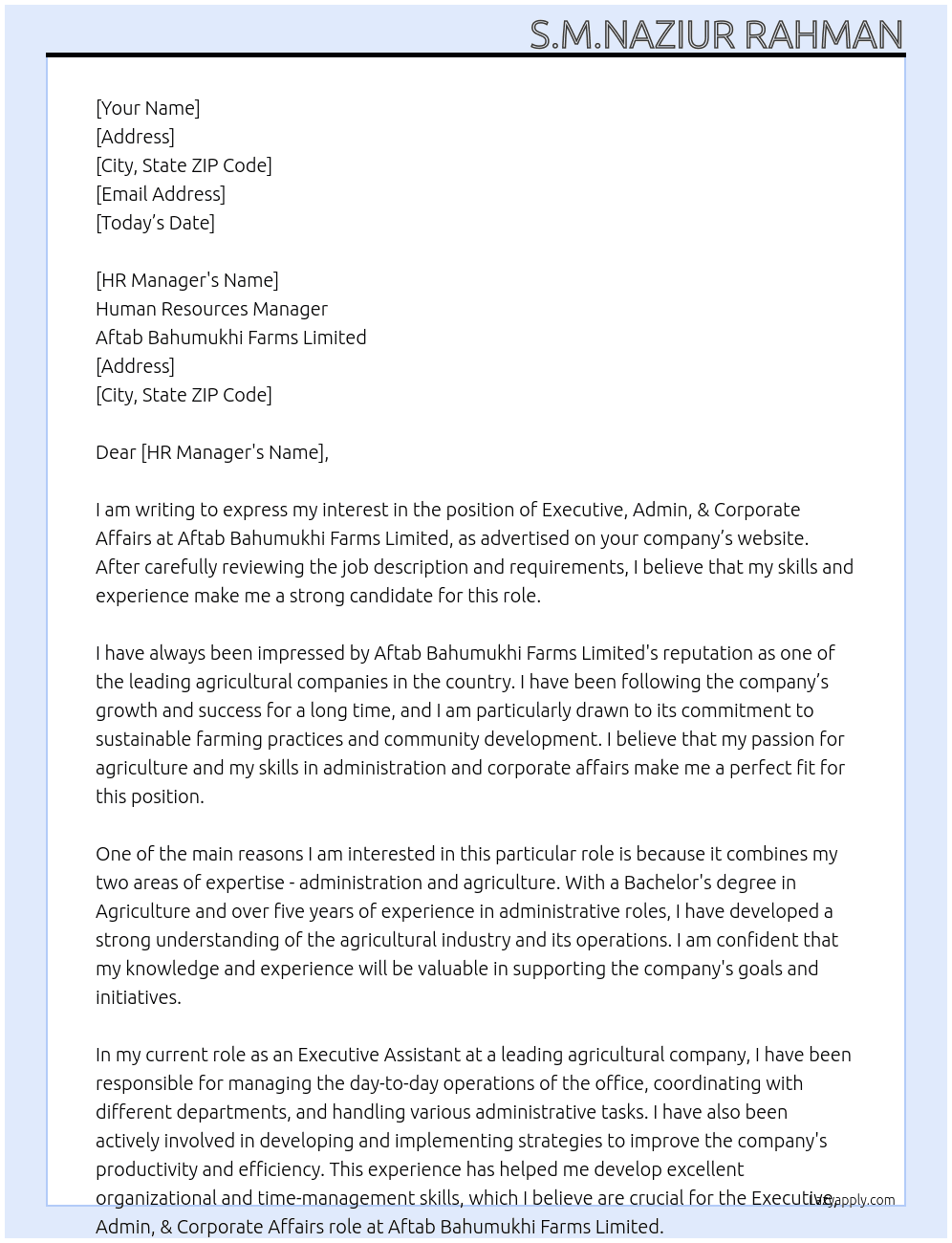 Executive,Admin,&Corporate Affairs At  Aftab Bahumukhi Farms Limited Cover Letter