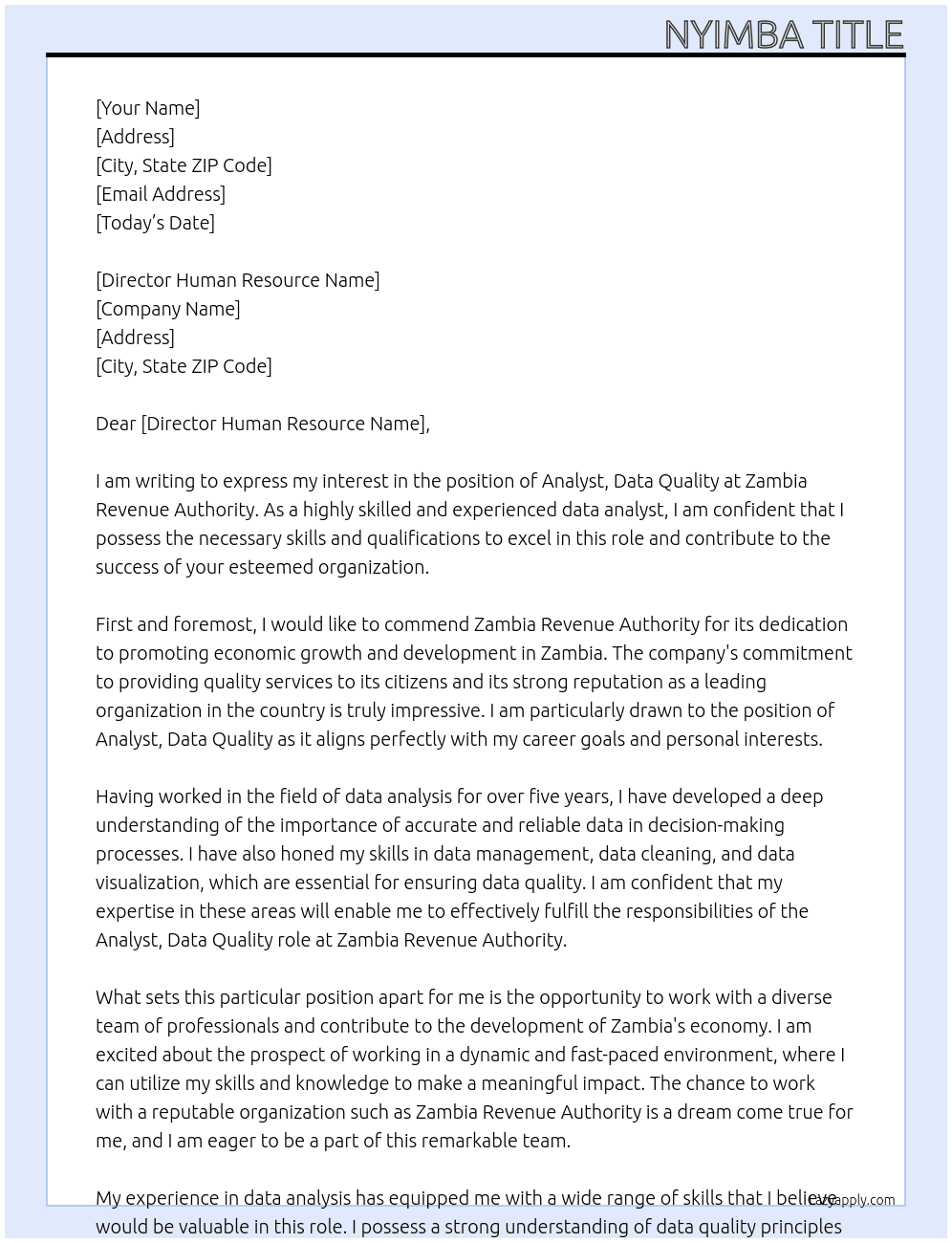 analyst, data quality At Zambia revenue authority Cover Letter