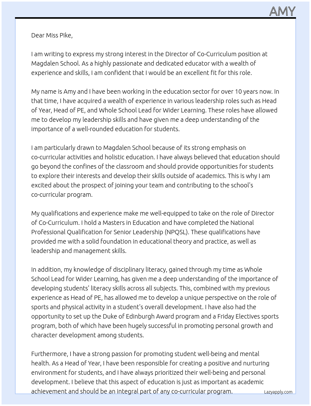 Director of Co-Curriculaum At Magdalen school Cover Letter