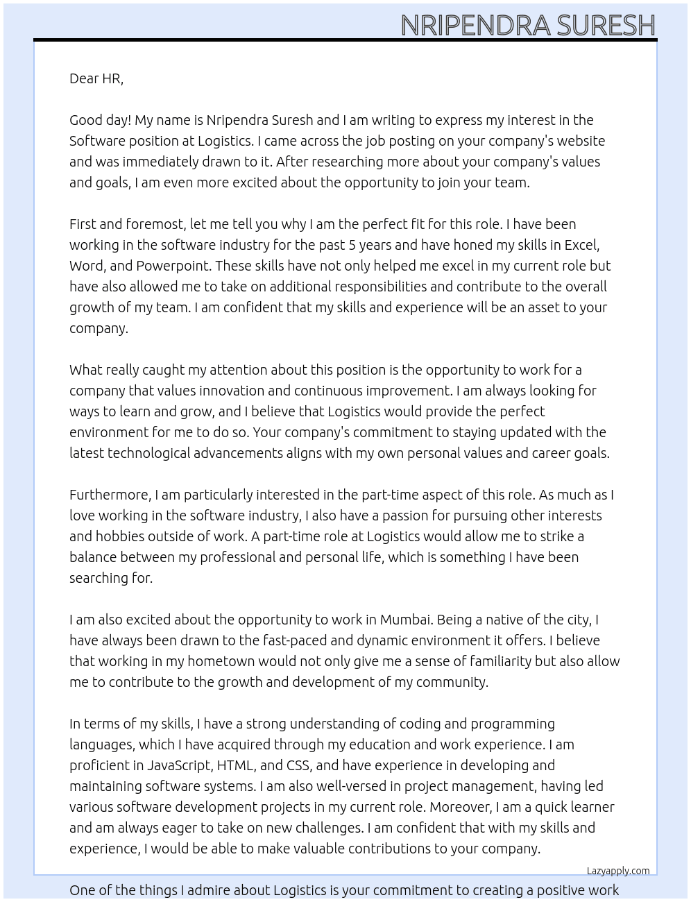 Software  At Logistics Cover Letter