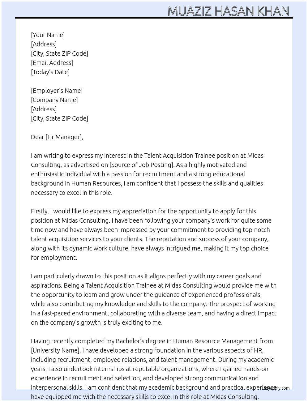Talent acquisition trainee  At Midas consulting  Cover Letter