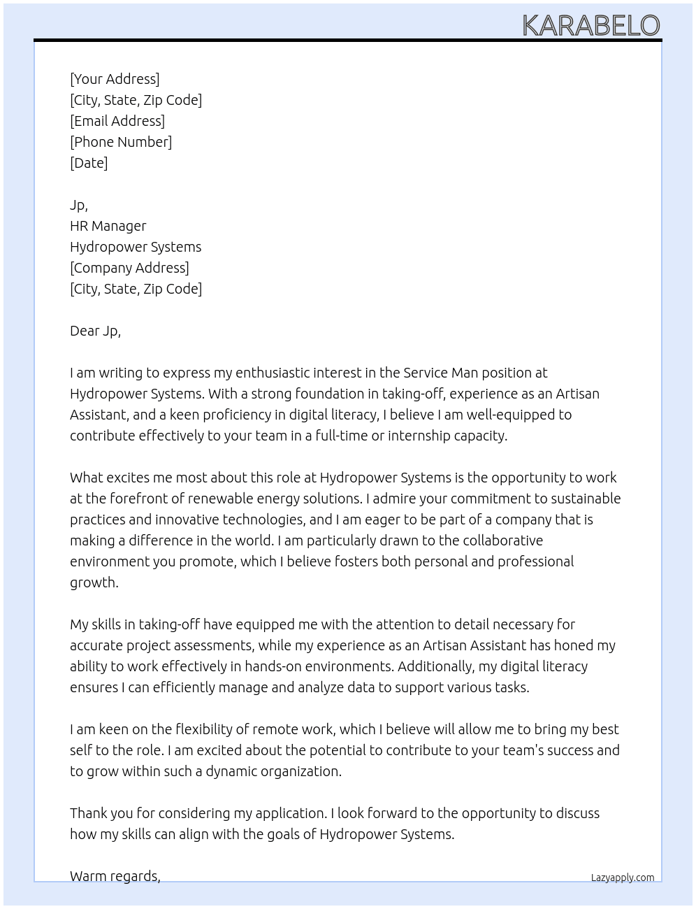 Service man At Hydropower systems Cover Letter