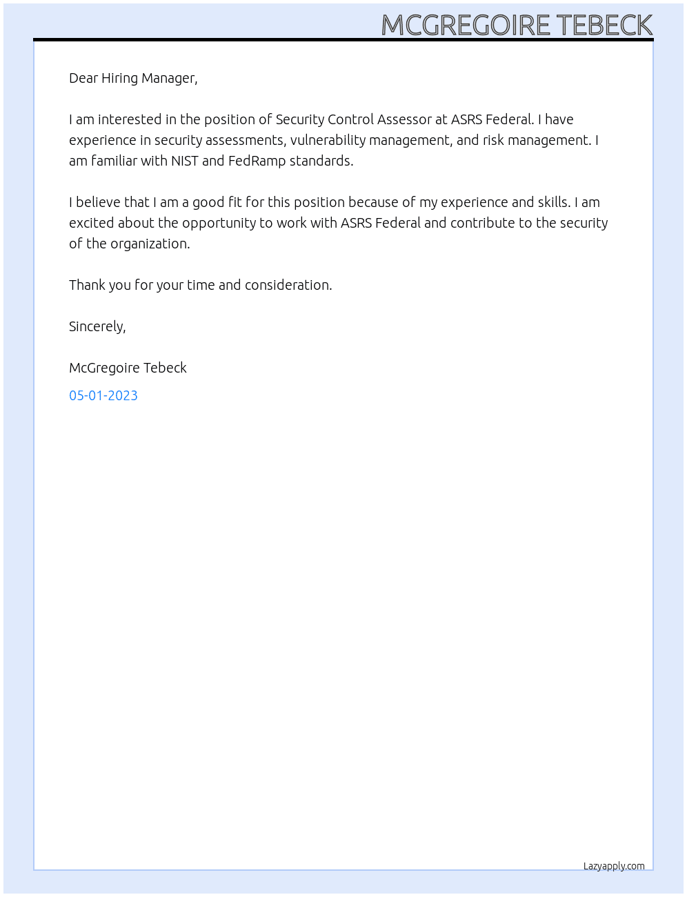 Security Control Assessor At ASRS Federal Cover Letter
