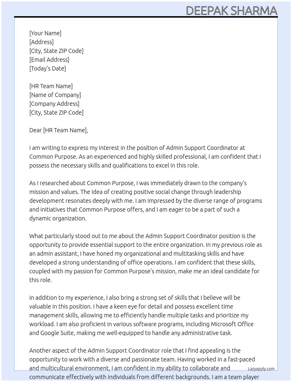 Admin support coordinator  At Common purpose  Cover Letter