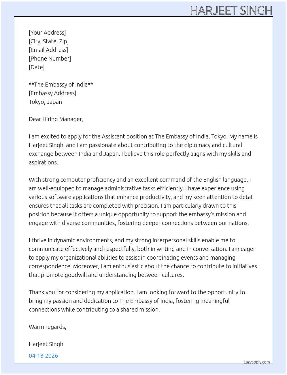 Cover letter for assistant - LazyApply