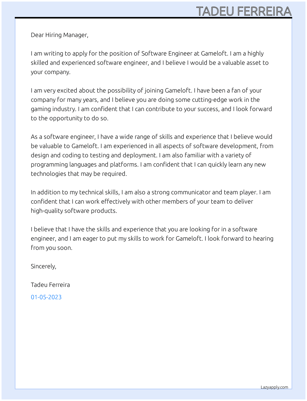 Software Engineer At Gameloft Cover Letter