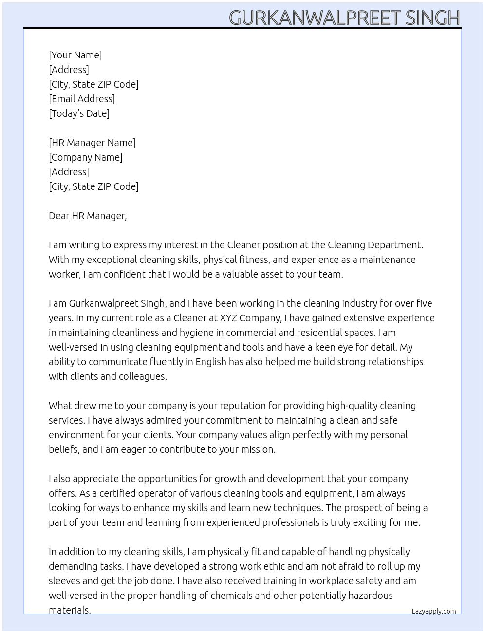 Cleaner  At Cleaning department  Cover Letter