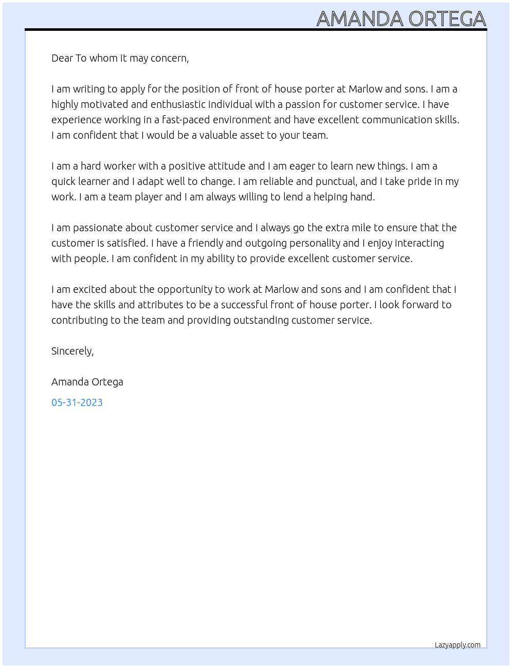 front of house porter At Marlow and sons Cover Letter