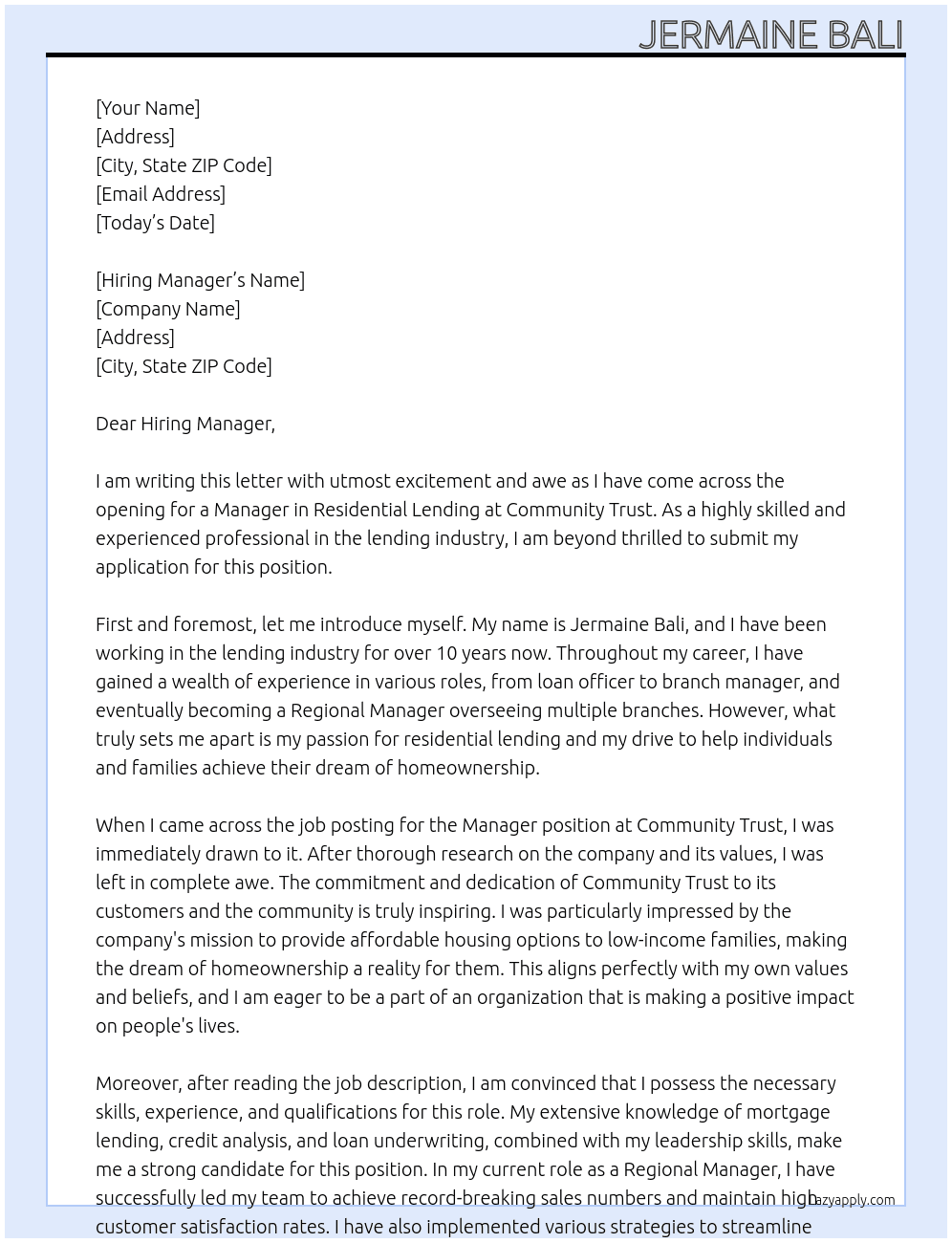 Manager, Residential Lending At Community Trust Cover Letter