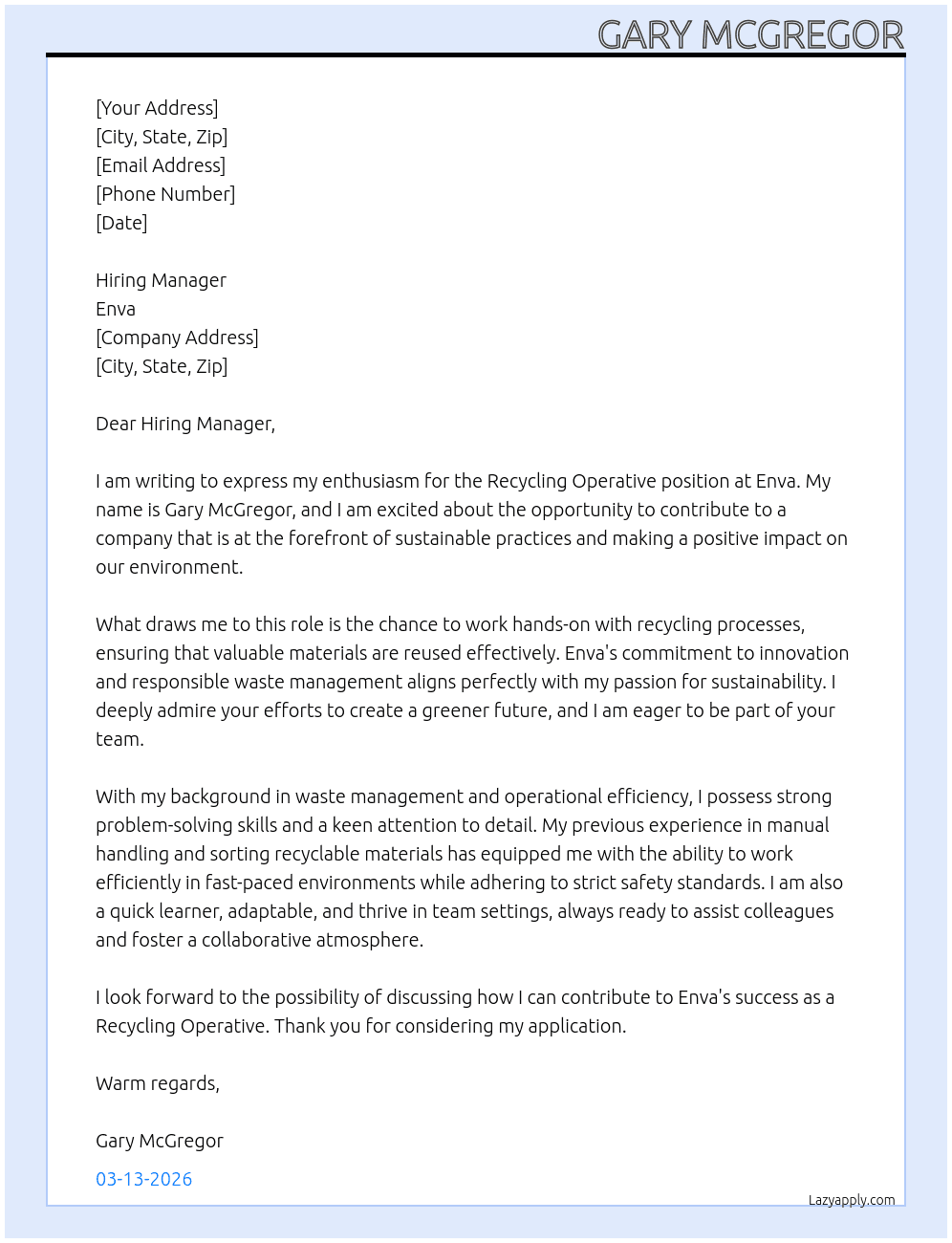Recycling Operative At Enva Cover Letter