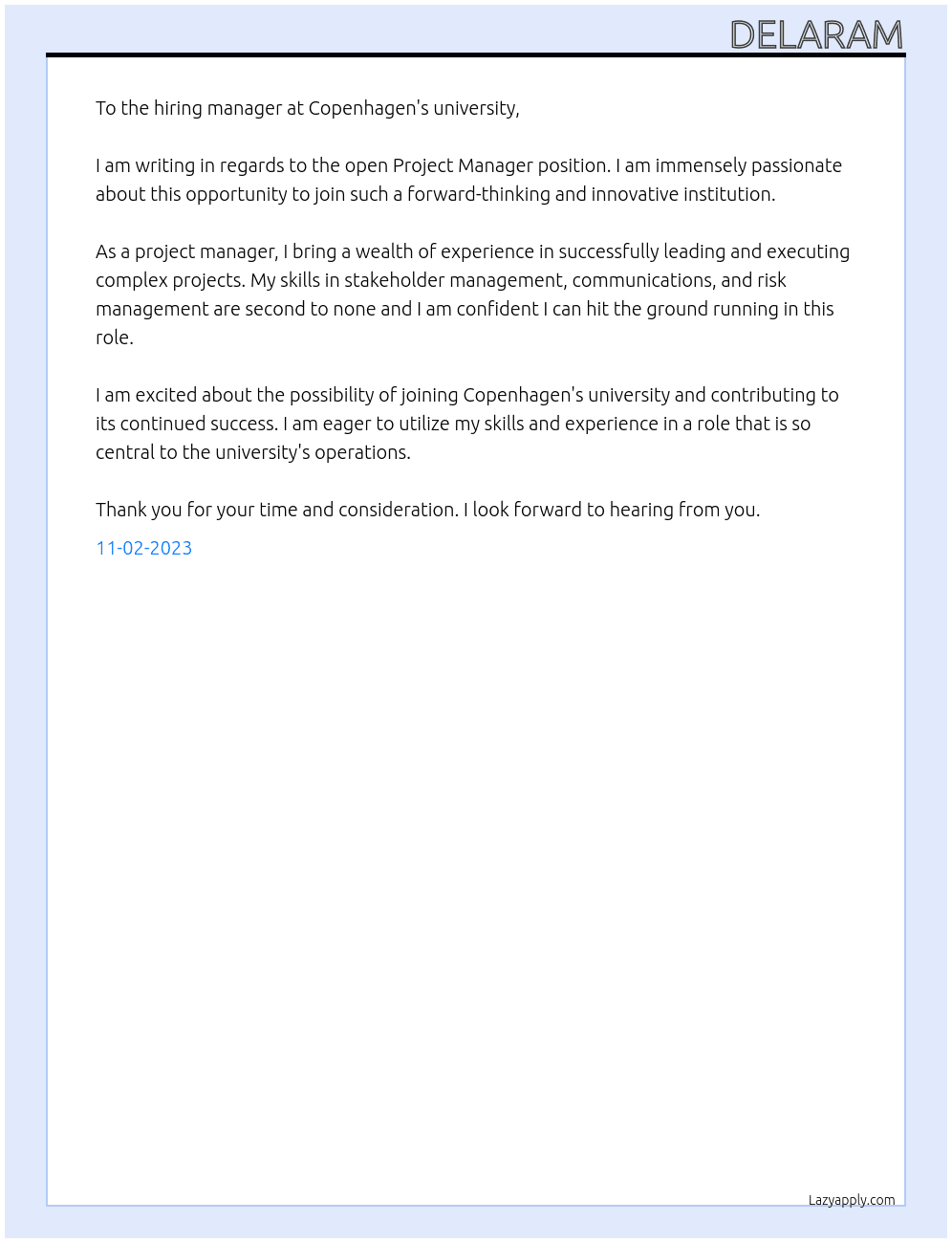 Project Manager  At Copenhagen's university Cover Letter
