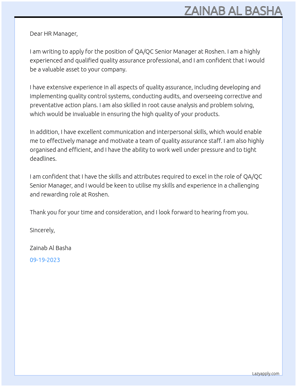 QA/QC SENIOR MANAGER At ROSHEN Cover Letter
