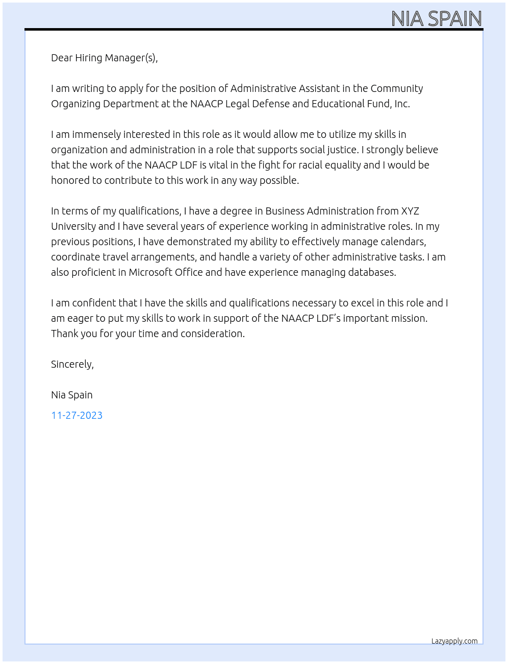 Administrative Assistant, Community Organizing Department At NAACP Legal Defense and Educational Fund, Inc.  Cover Letter