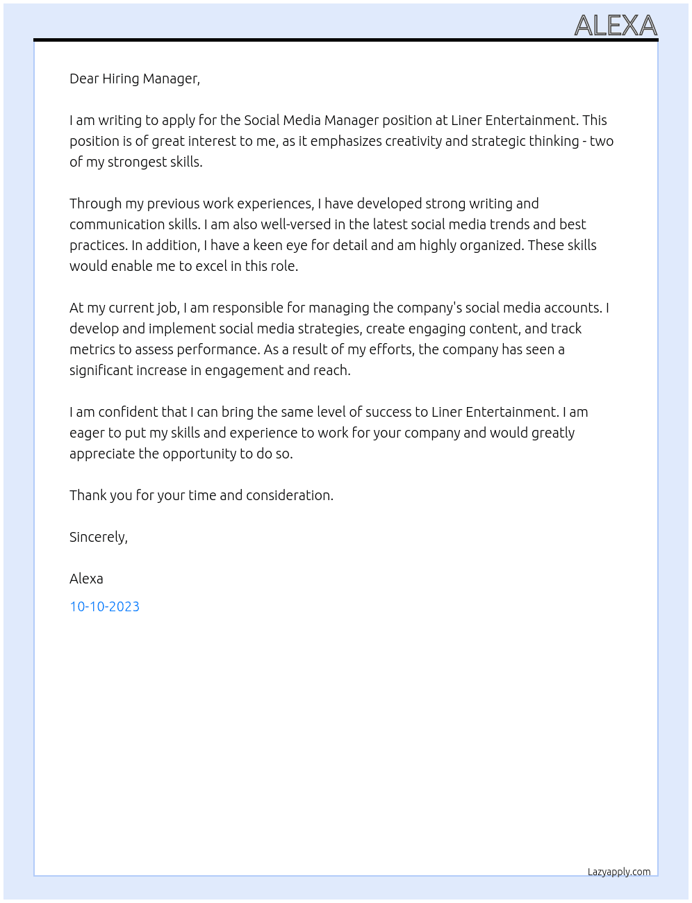 Social Media Manager At Liner Entertainment Cover Letter