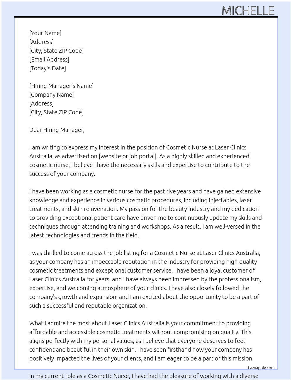 Cosmetic Nurse At Laser Clinics Australia Cover Letter
