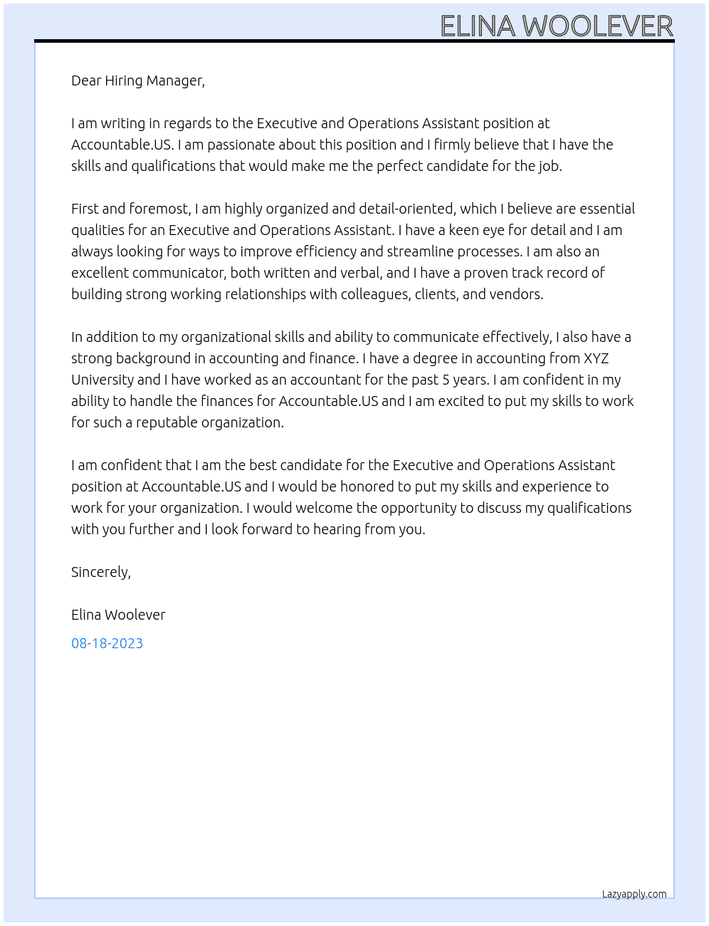 Executive and Operations Assistant At Accountable.US Cover Letter
