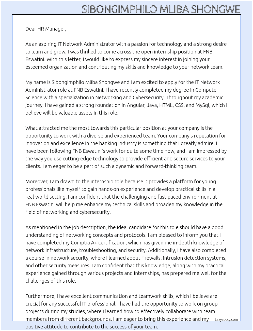 IT Network Administrator  At FNB Eswatini  Cover Letter