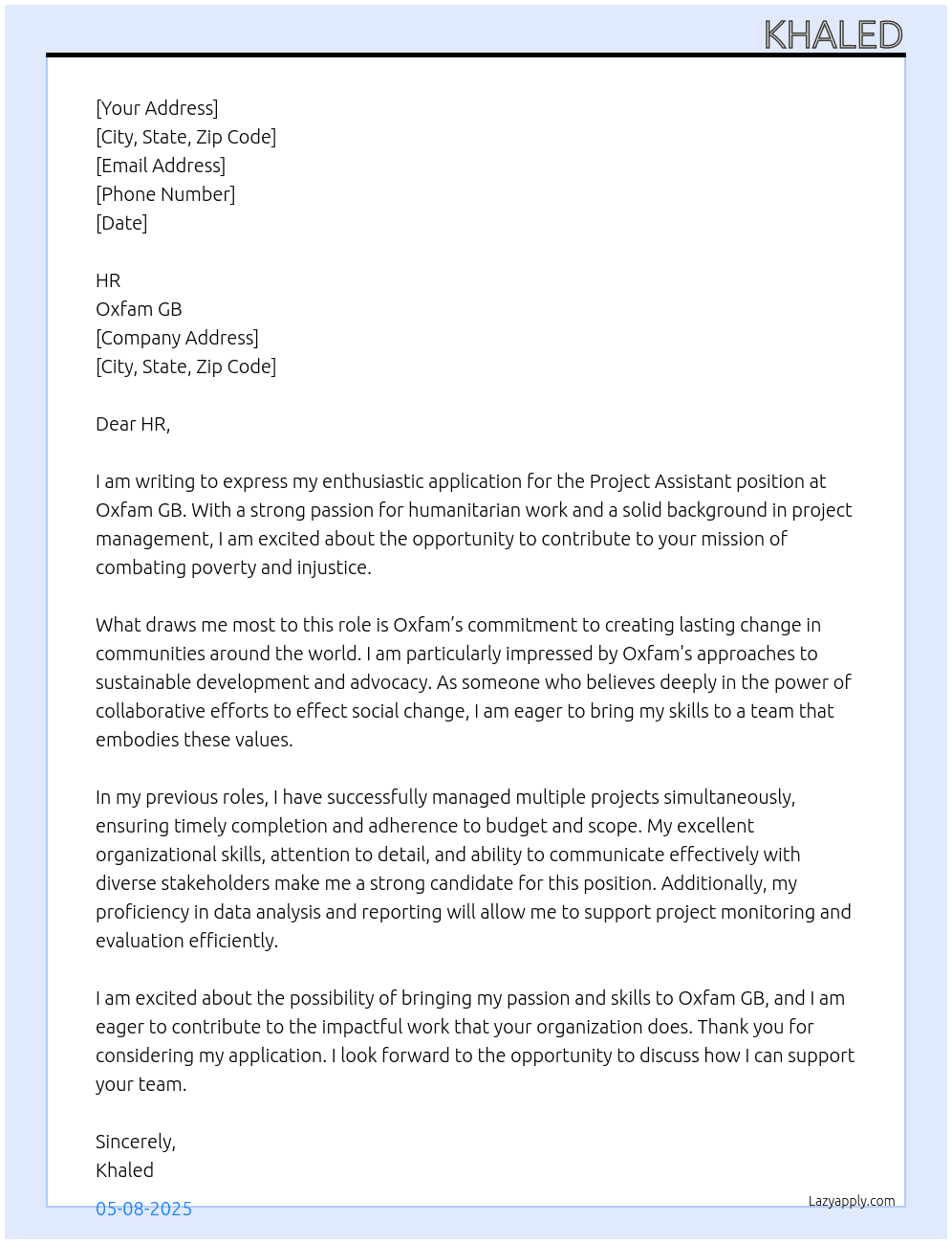 Project Assistant At Oxfam Gb Cover Letter