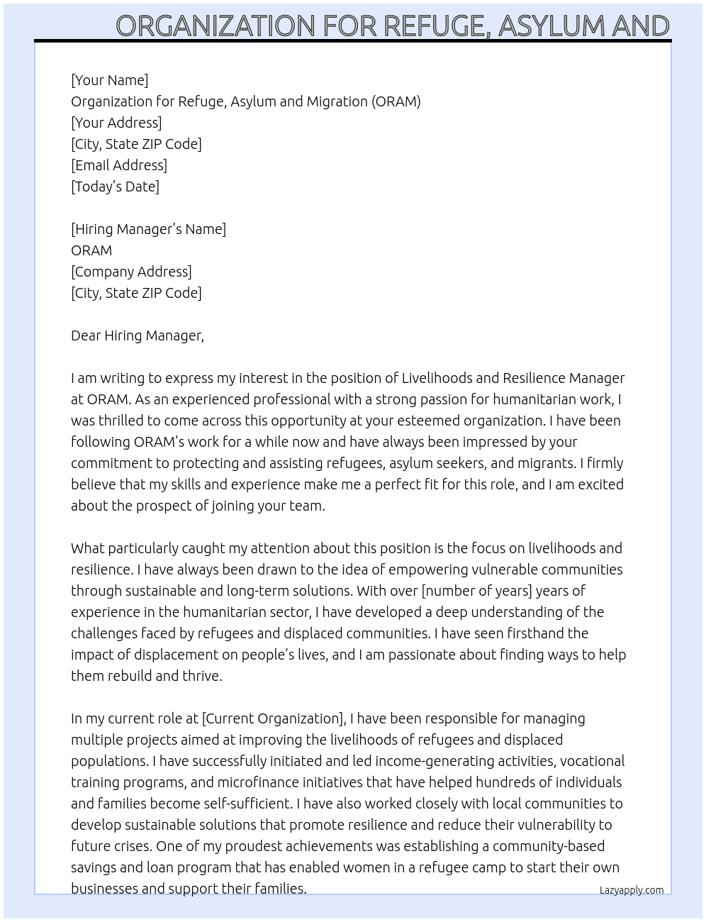 LIVELIHOODS AND RESILIENCE MANAGER At https://www.oramrefugee.org/ Cover Letter