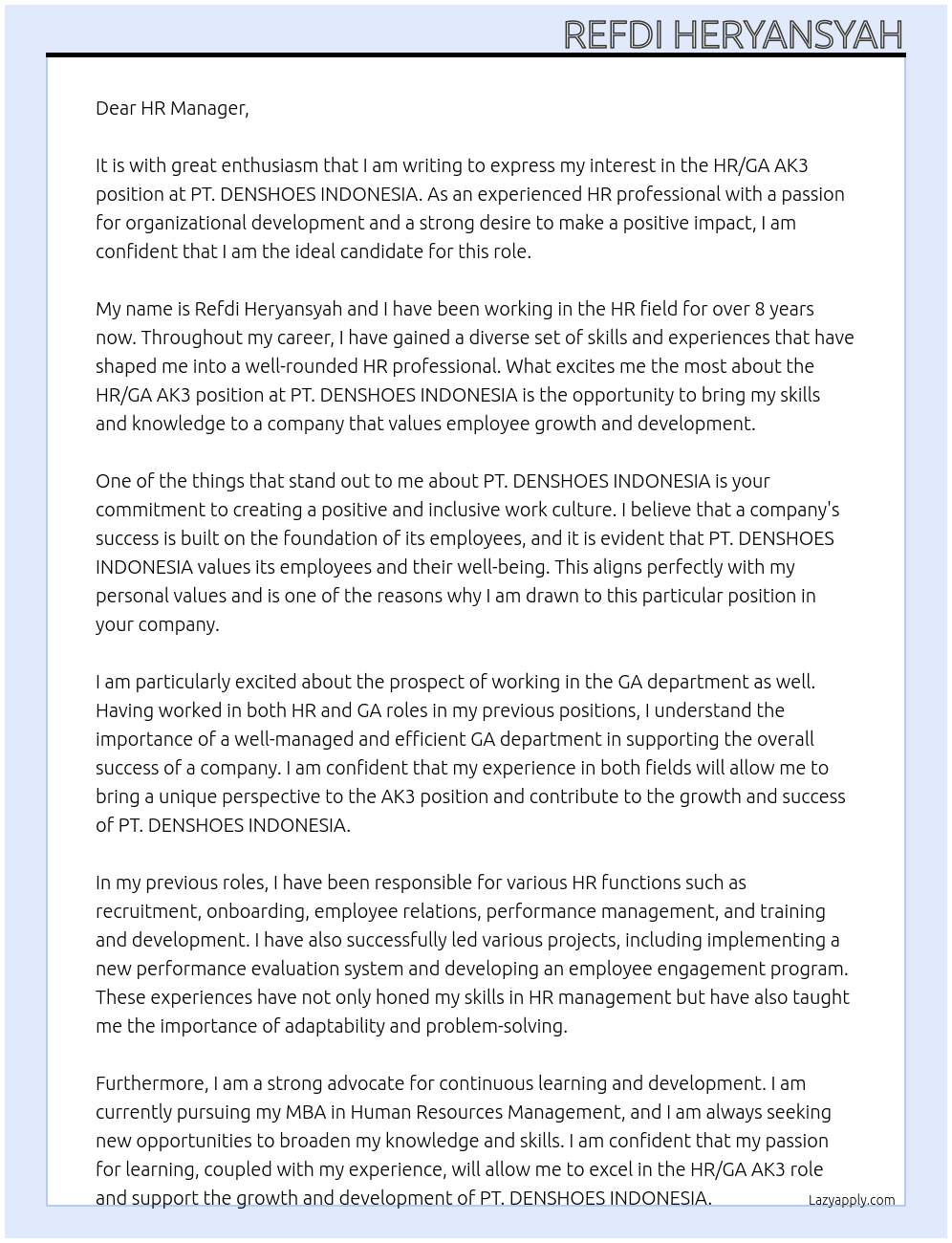 HR/GA AK3 At PT. DENSHOES INDONESIA  Cover Letter