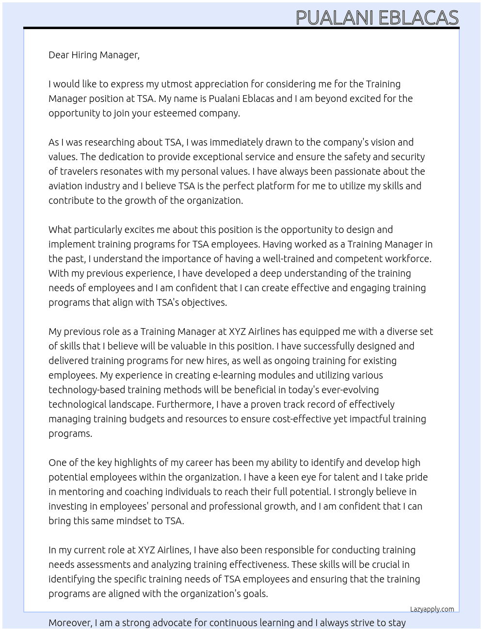 Training Manager At TSA Cover Letter