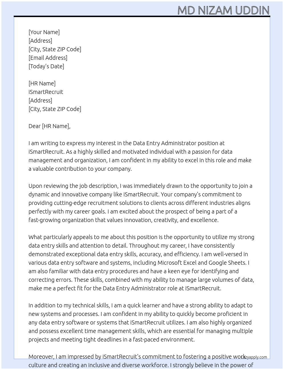 Data Entry Administrator At iSmartRecurit Cover Letter
