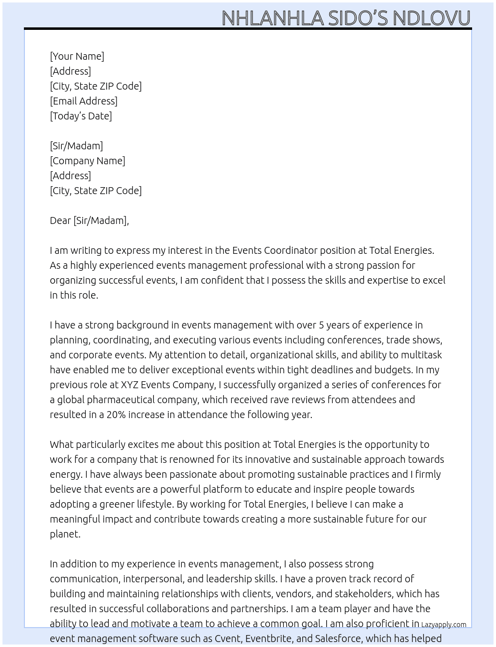 Events Coordinator  At Total Energies  Cover Letter