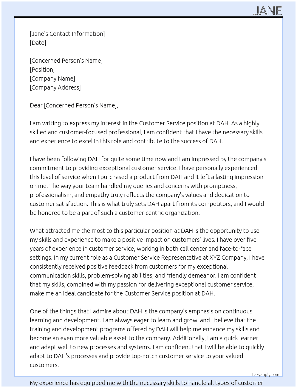 customer service At DAH Cover Letter