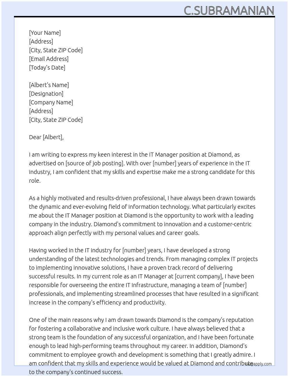 IT Manager At Diamond Cover Letter