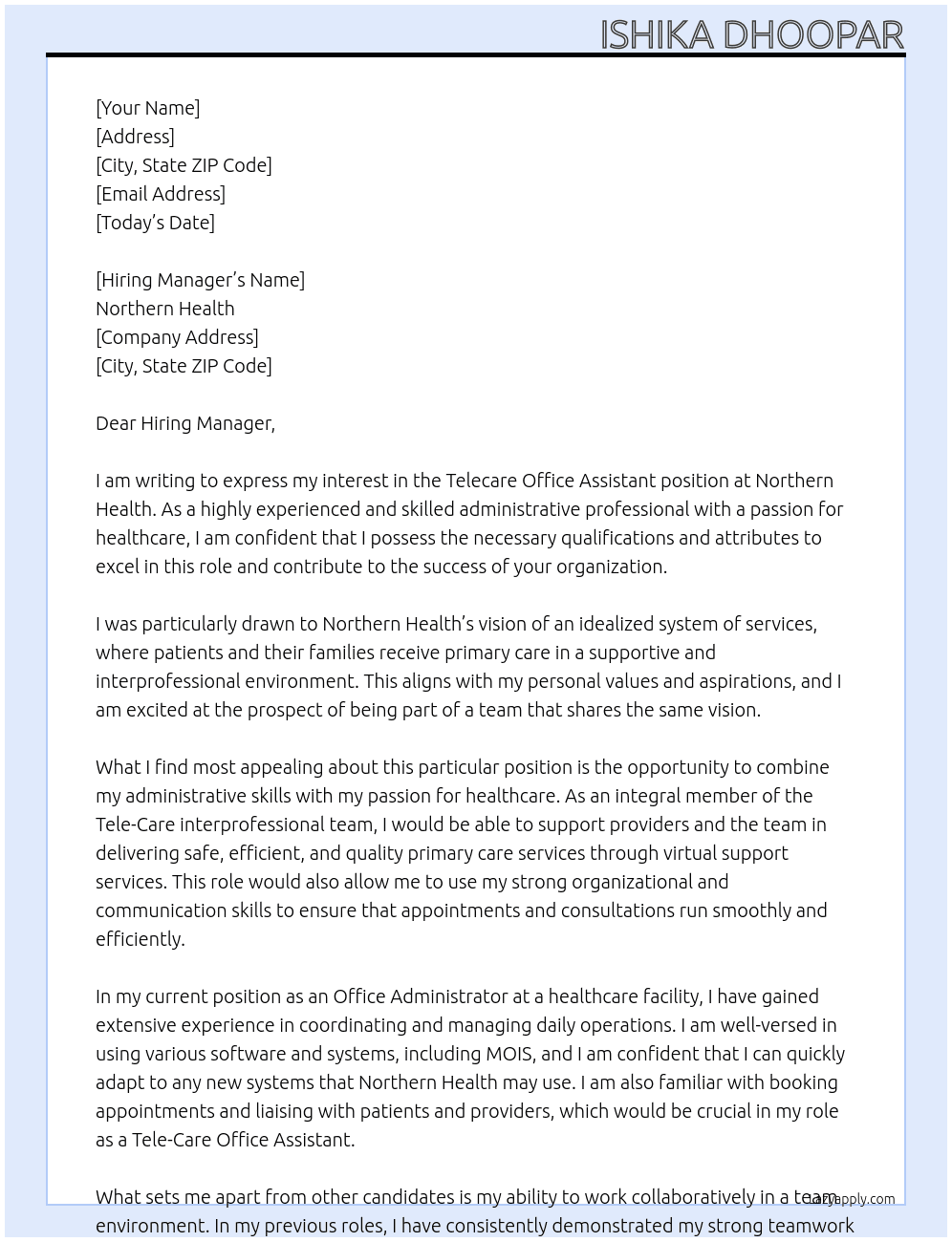 Telecare office assistant  At Northern Health Cover Letter