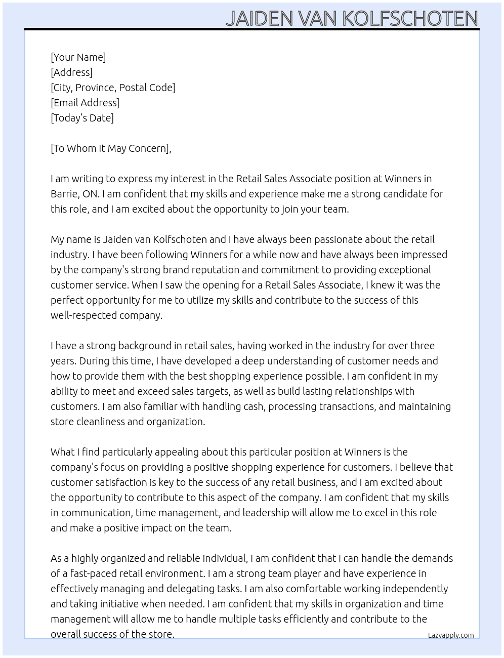 Retail Sales Associate At Winners Cover Letter