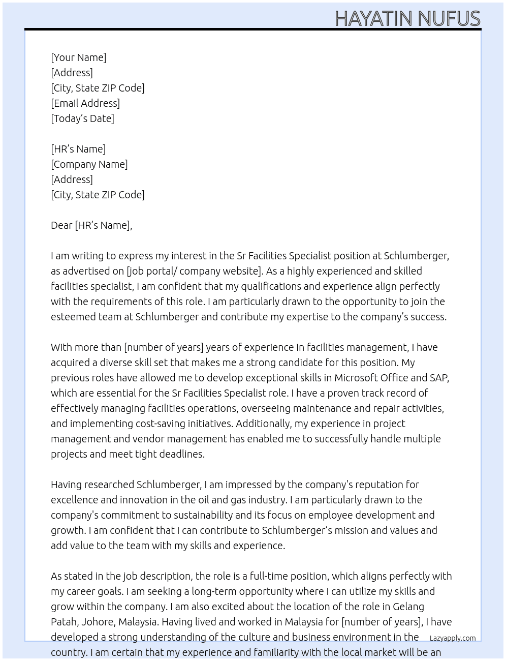 Sr Facilities Specialist At Schlumberger Cover Letter