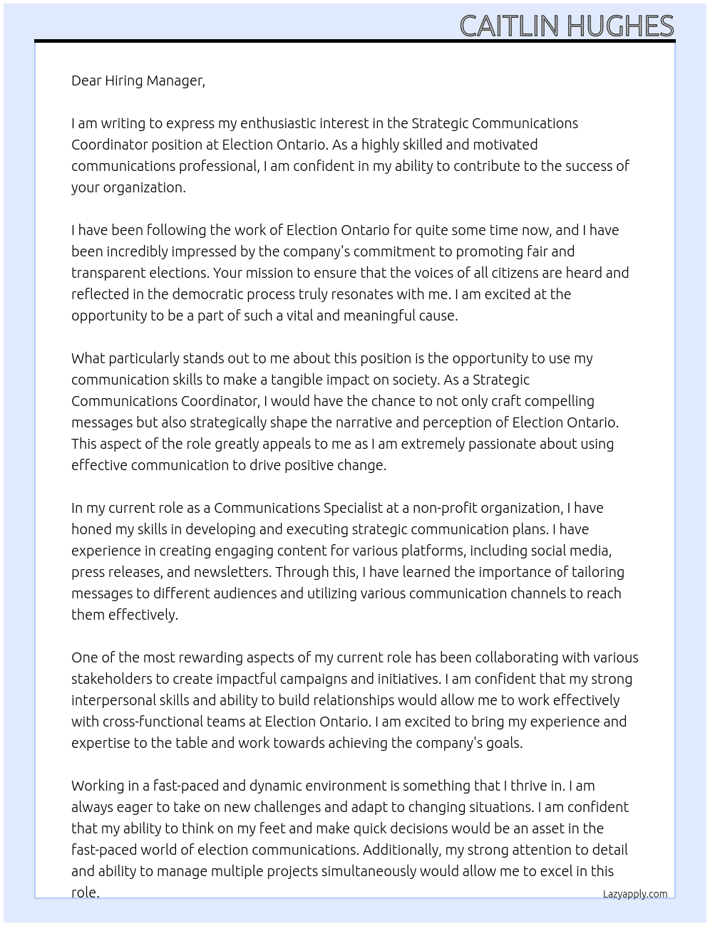 Strategic Communications Coordinator At Election Ontario Cover Letter