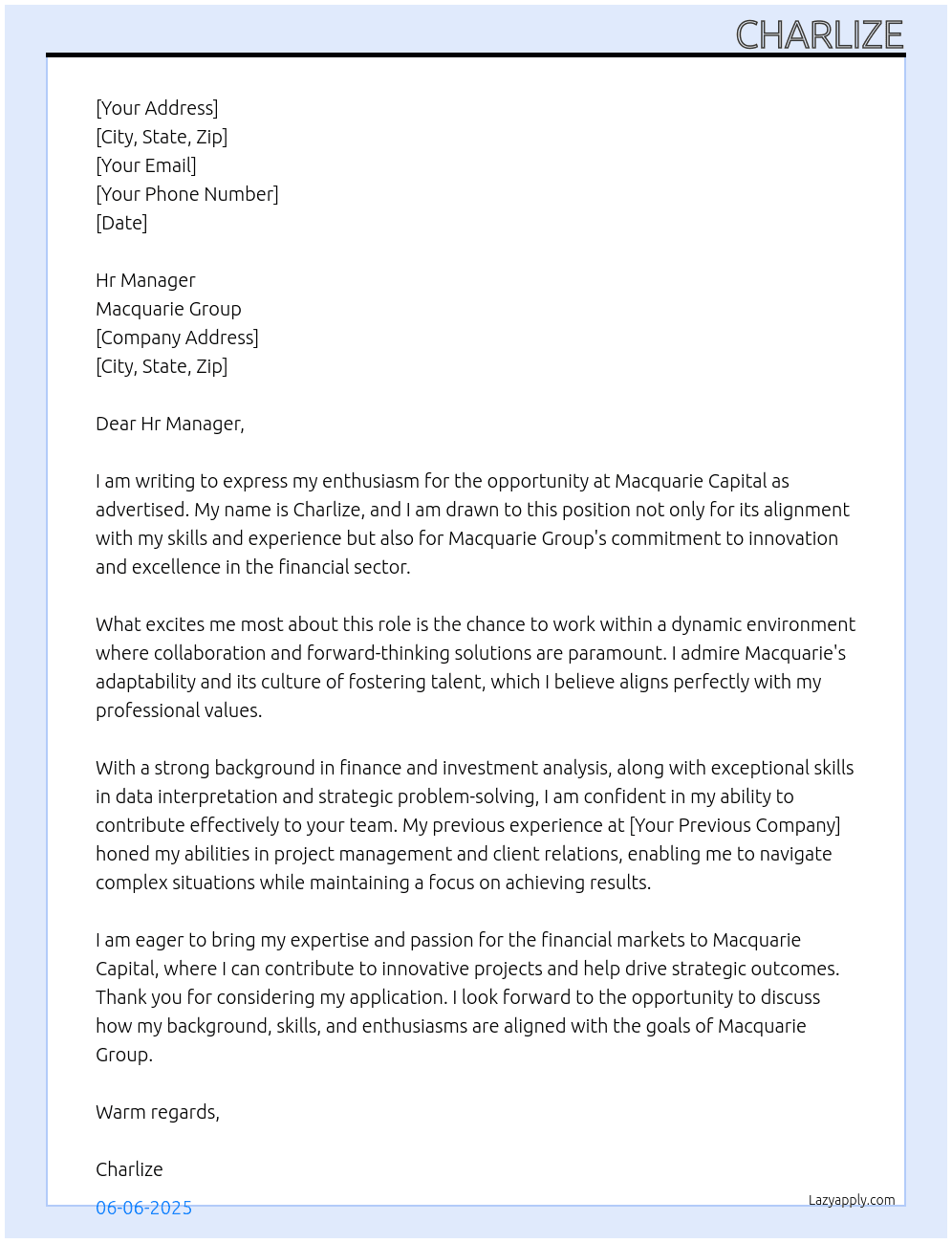 Macquarie Capital At Macquarie Group Cover Letter