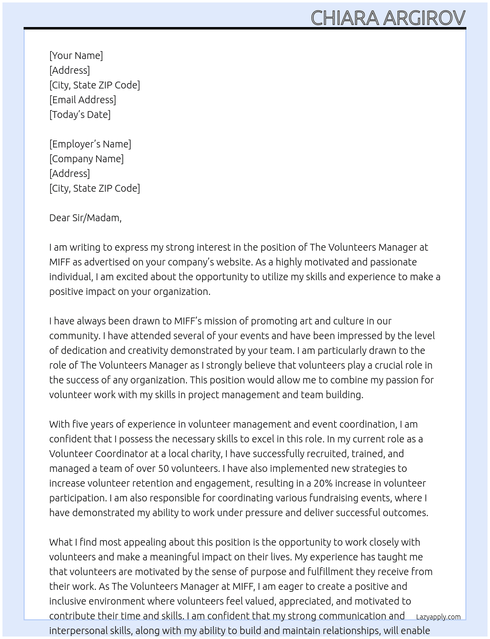 The Volunteers Manager At MIFF Cover Letter