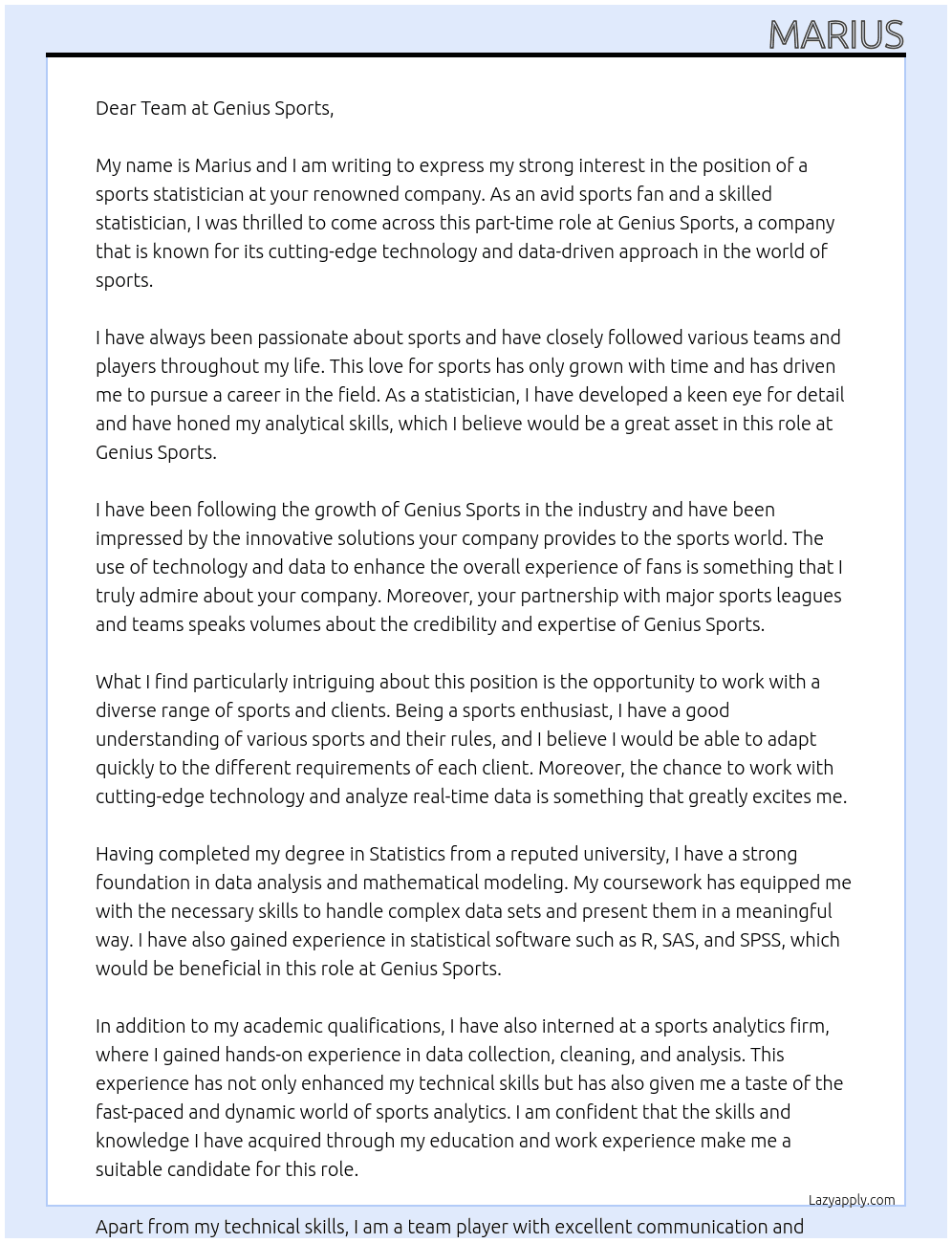 sports statistician At Genius Sports Cover Letter