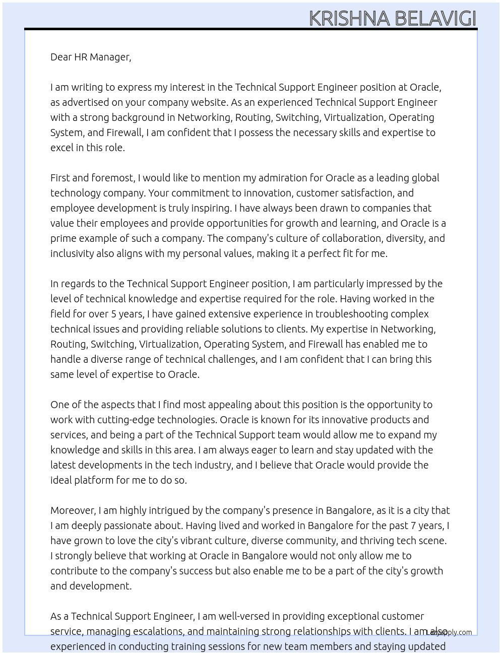 Technical Support Engineer At Oracle Cover Letter