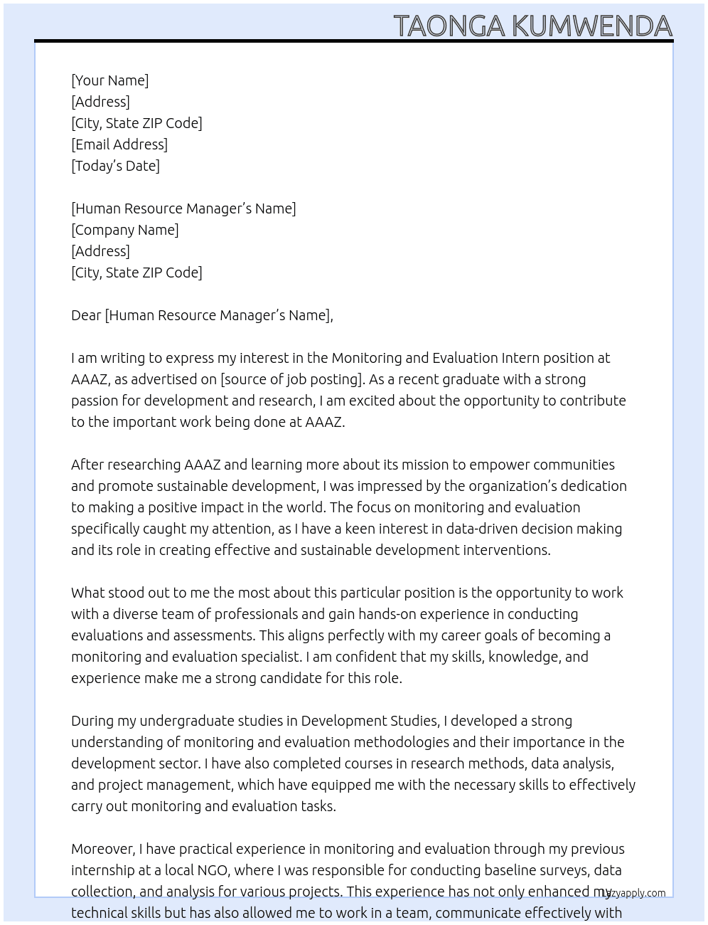 Monitoring and Evaluation Intern At AAAZ Cover Letter