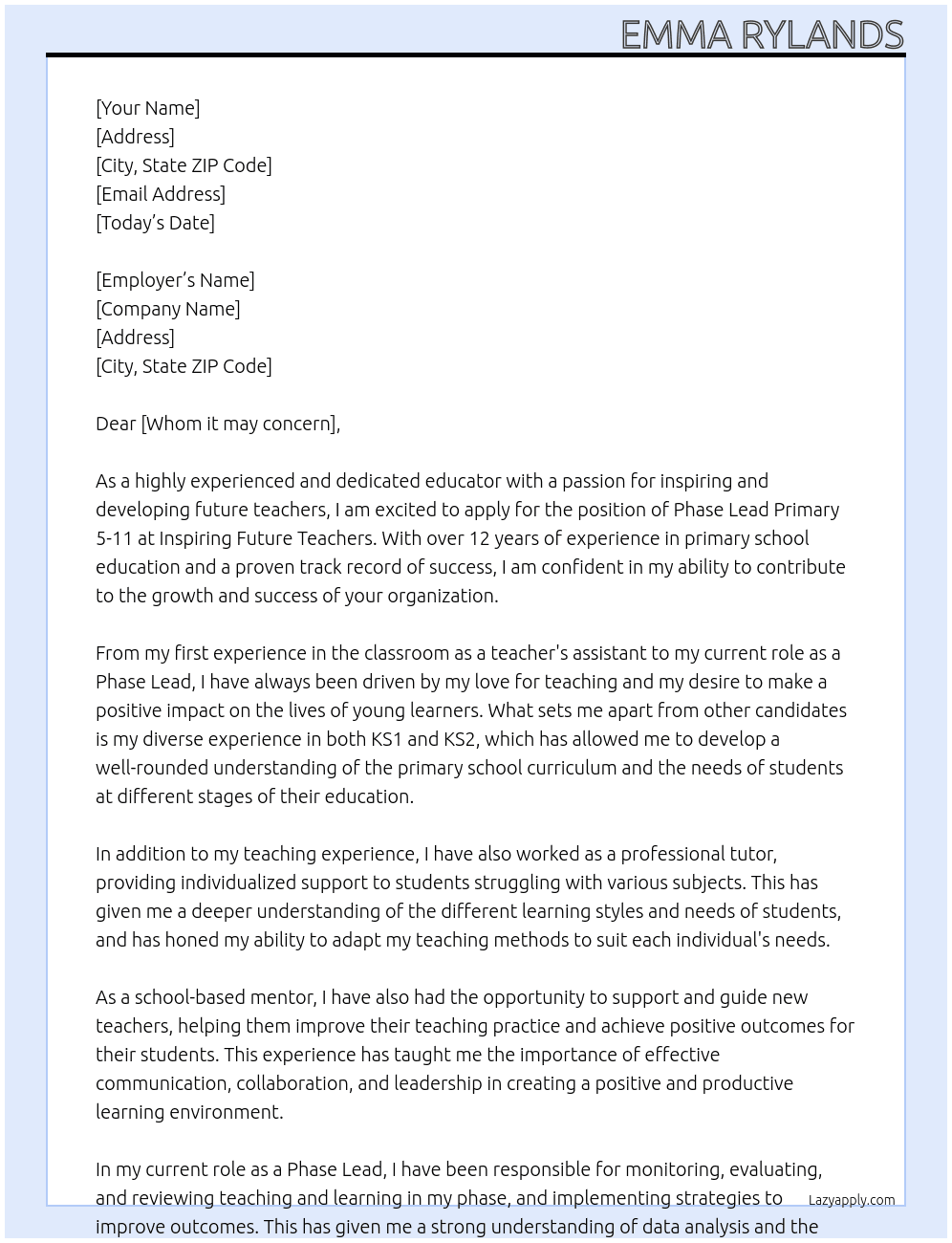 · Phase Lead Primary 5-11  At Inspiring Future Teachers Cover Letter