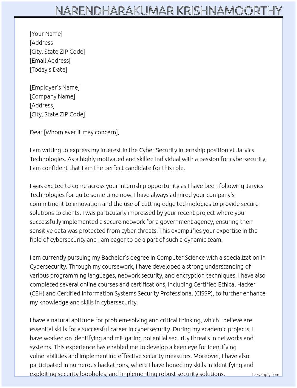 Cyber Security internship  At Jarvics Technologies Cover Letter