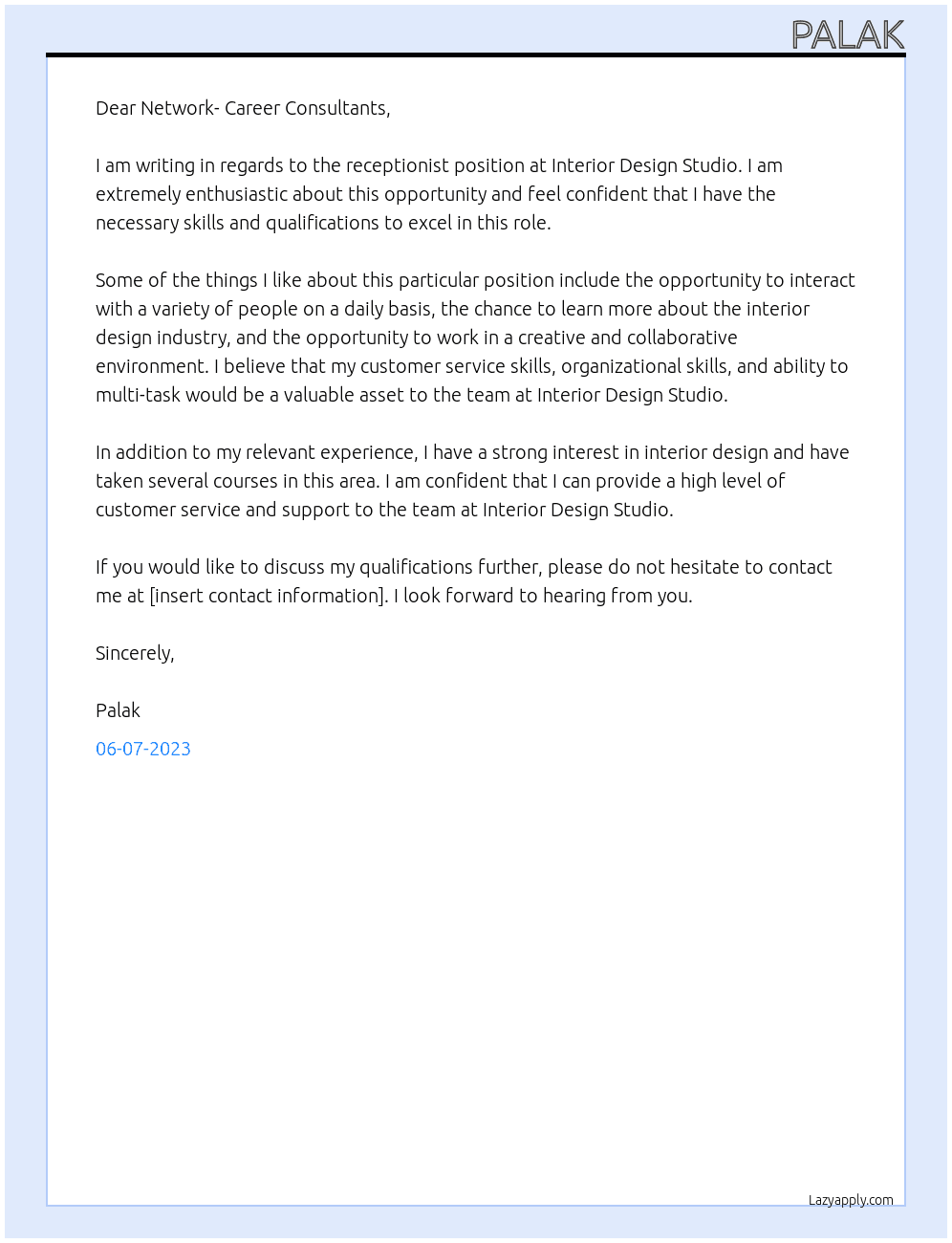 Receptionist At Interior Design Studio Cover Letter