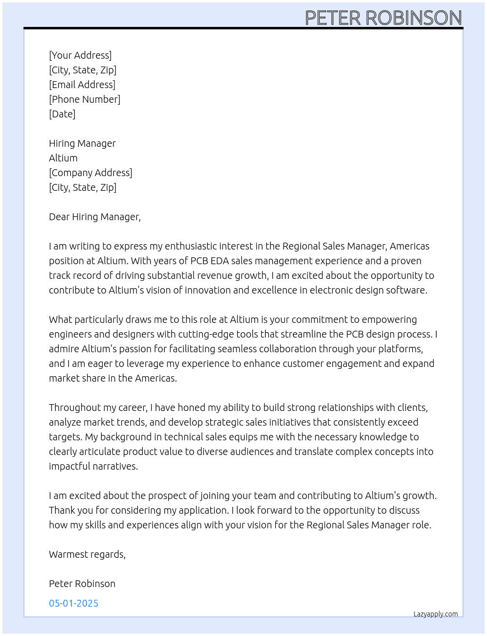 Regional Sales Manager, Americas At Altium Cover Letter