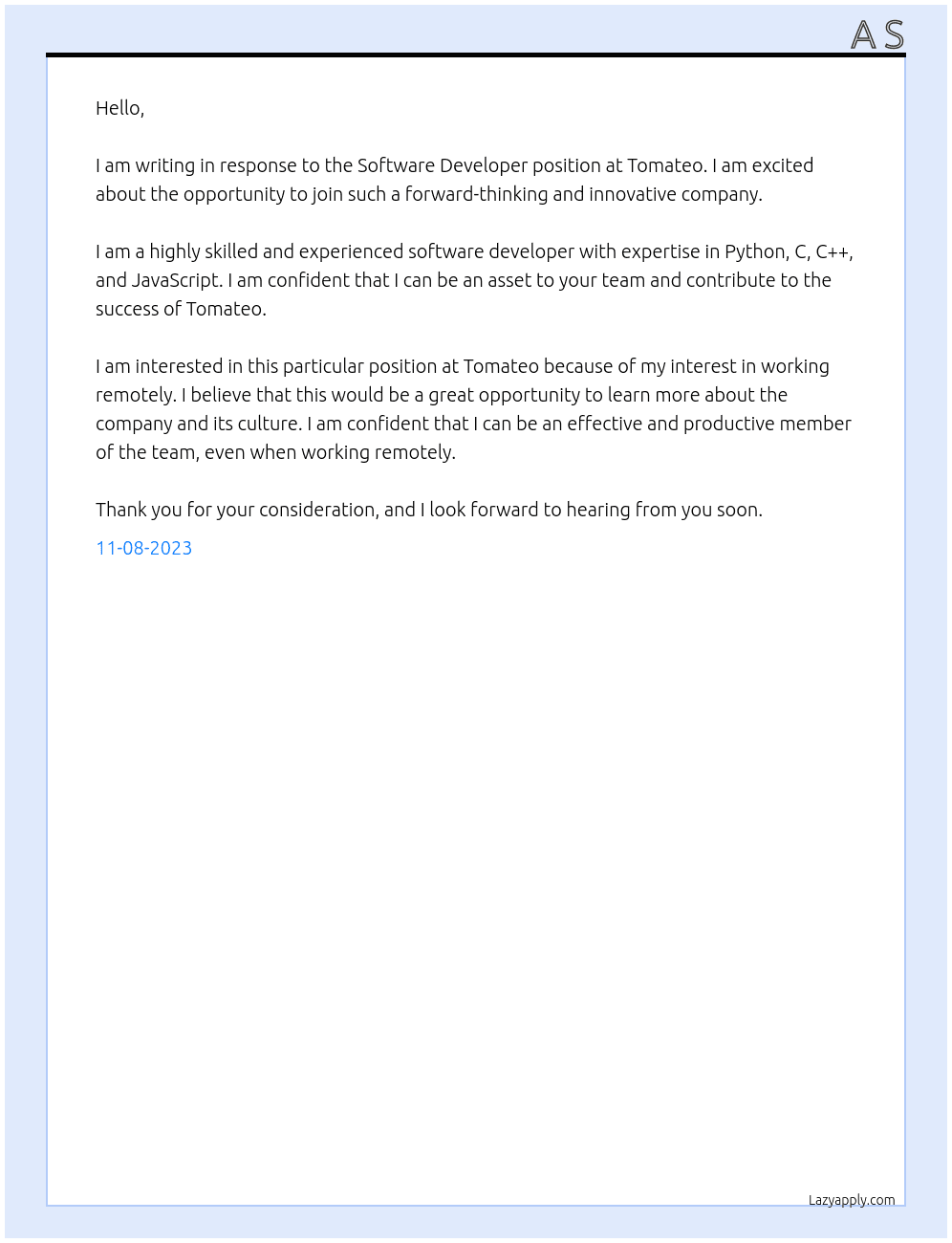 Software Developer At tomateo Cover Letter
