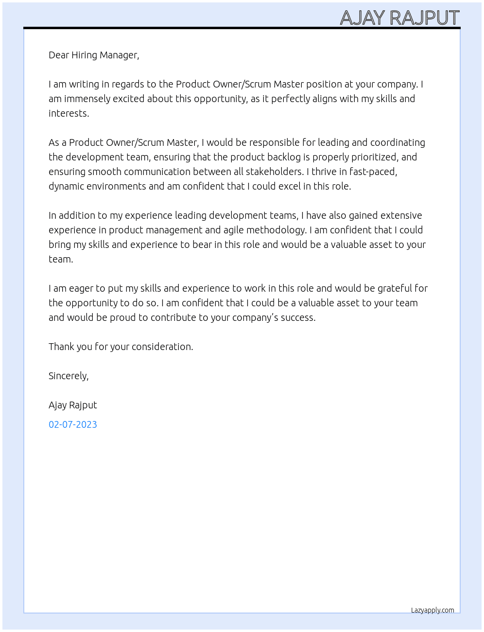 Cover letter for product owner/scrum master - LazyApply