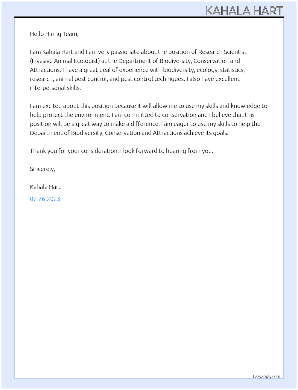 Research Scientist (Invasive Animal Ecologist) At Department of Biodiversity, Conservation and Attractions Cover Letter