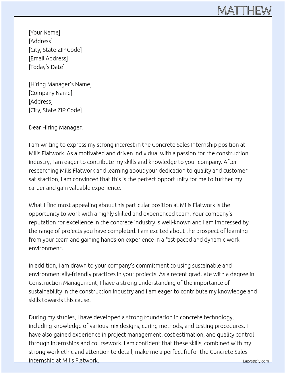 Concrete Sales Internship  At Milis Flatwork Cover Letter